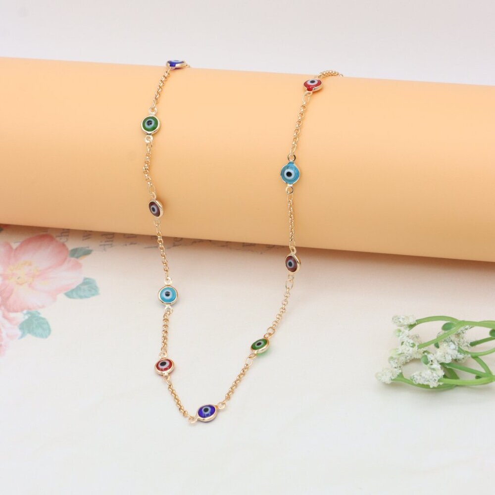 Rose Gold Evil Eye Necklace with Multicolor Enamel Beads, XPNL0390